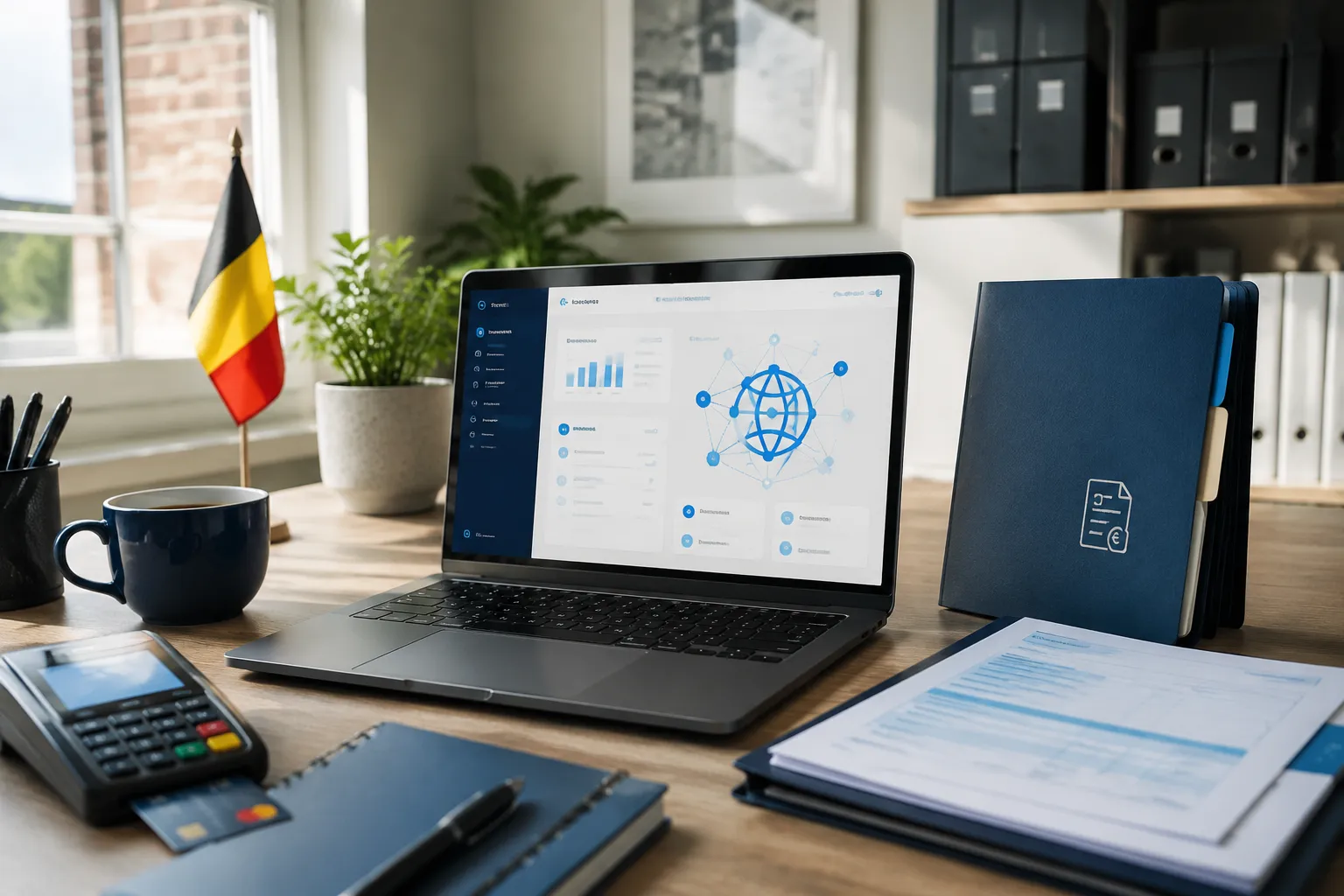 Opgeruimd thuiskantoor van een Belgische eenmanszaak met laptop met facturatiedashboard, btw-map en kaartlezer