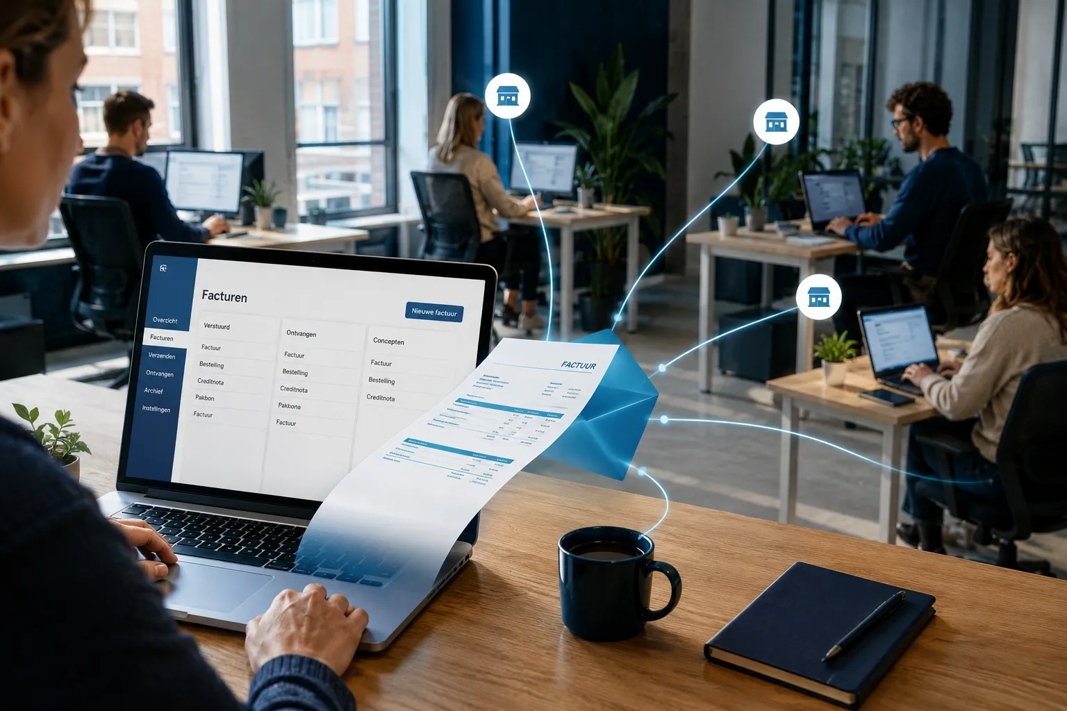 Lichte werkplek met laptop waaruit een e-factuur als blauwe dataenvelop via netwerklijnen naar andere bedrijven stroomt