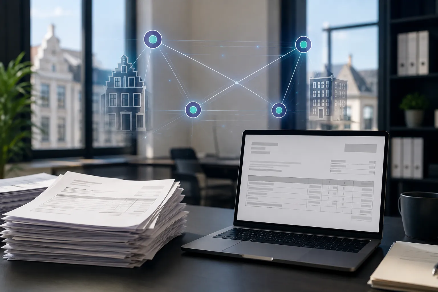 Bureau met een stapel papieren facturen en een laptop met een gestructureerde factuur, met daarboven een netwerk van vier verbonden knooppunten