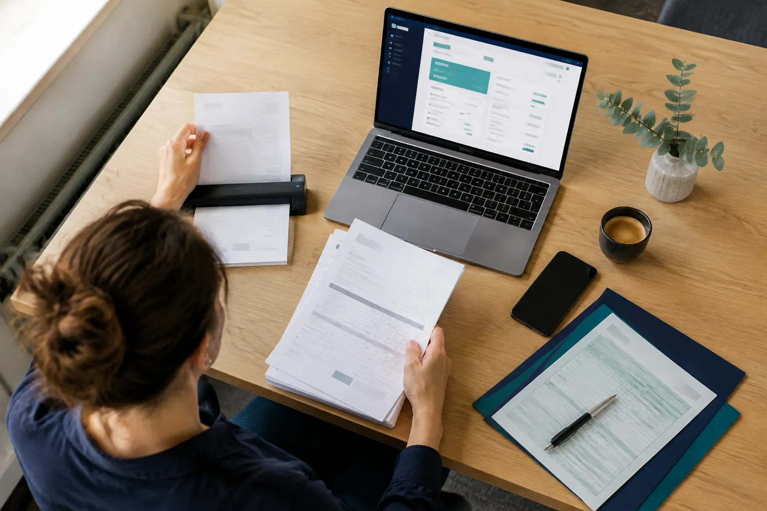 Zelfstandige aan een bureau met papieren facturen en een laptop met een facturatiescherm