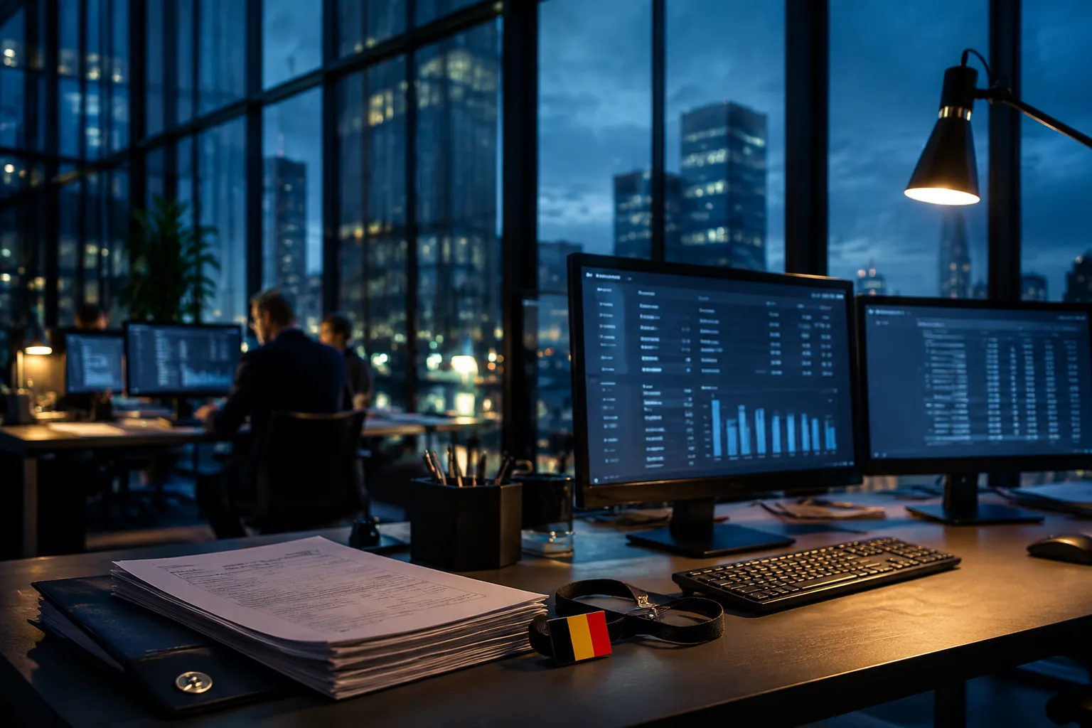 Cinematic editorial hero, landscape : a modern Belgian mid-size company finance floor at blue hour, floor-to-ceiling glass