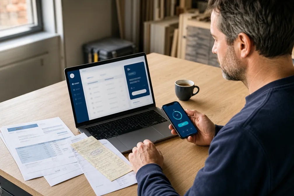 Bureau van een Belgische zelfstandige met een laptop, een leveringsbon, een aankoopbon en een smartphone met een timer