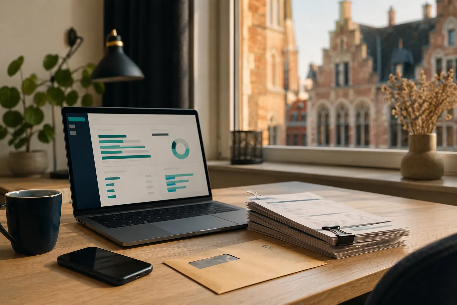 Startende zelfstandige aan een bureau thuis met een laptop en een map papieren