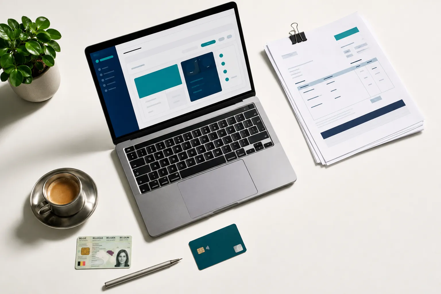 Bureau met een laptop met een facturatiescherm, een stapel facturen en een bankkaart