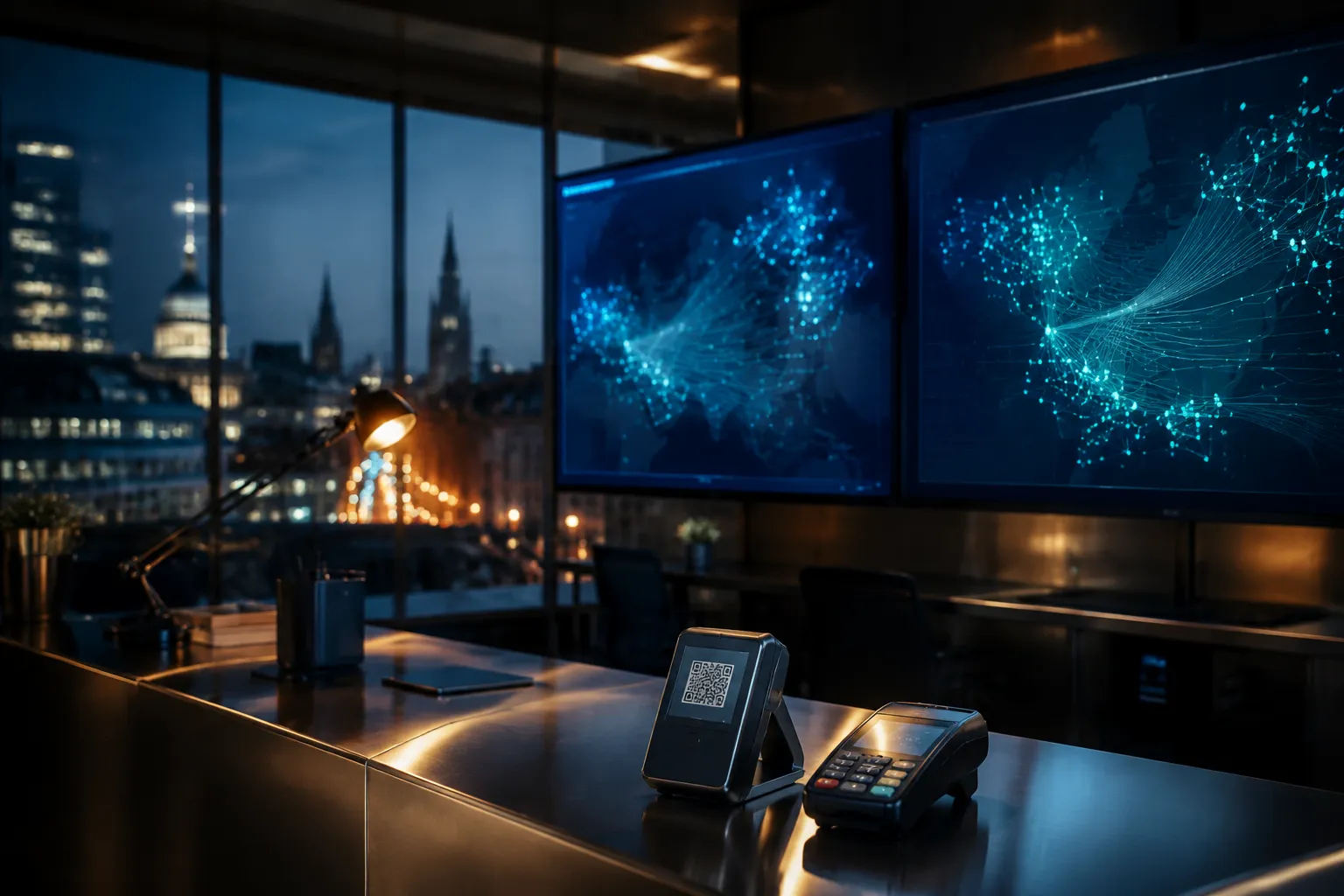 Cinematic editorial hero, landscape : a modern Belgian fintech operations room at blue hour, two large wall-mounted monitors