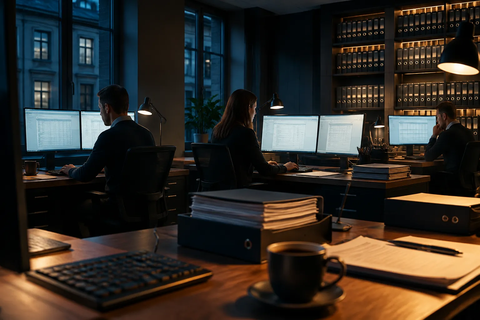 Cinematic editorial hero, landscape : interior of a Belgian accountancy practice at dusk, three desks with dual monitors