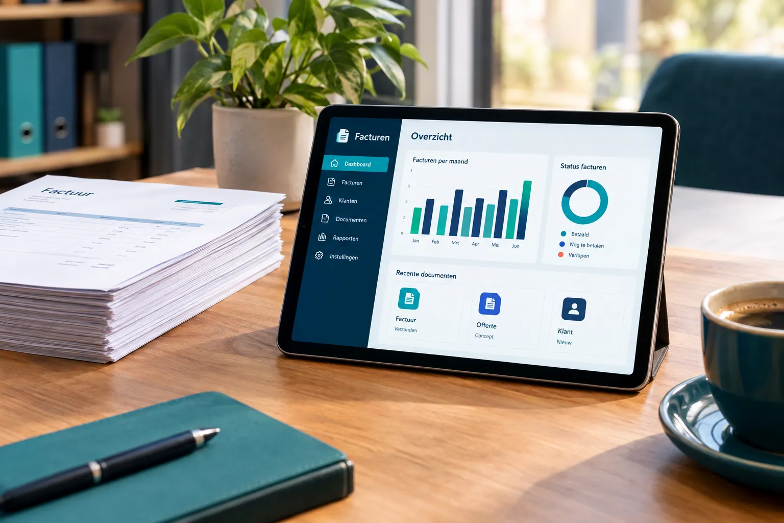 Tablet op een bureau met een facturenoverzicht, naast een stapel facturen en een kop koffie
