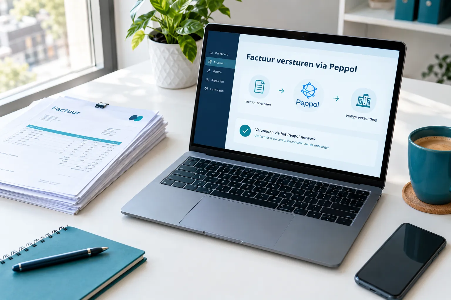 Laptop op een bureau met een scherm over een factuur versturen via Peppol, naast een stapel facturen en een kop koffie