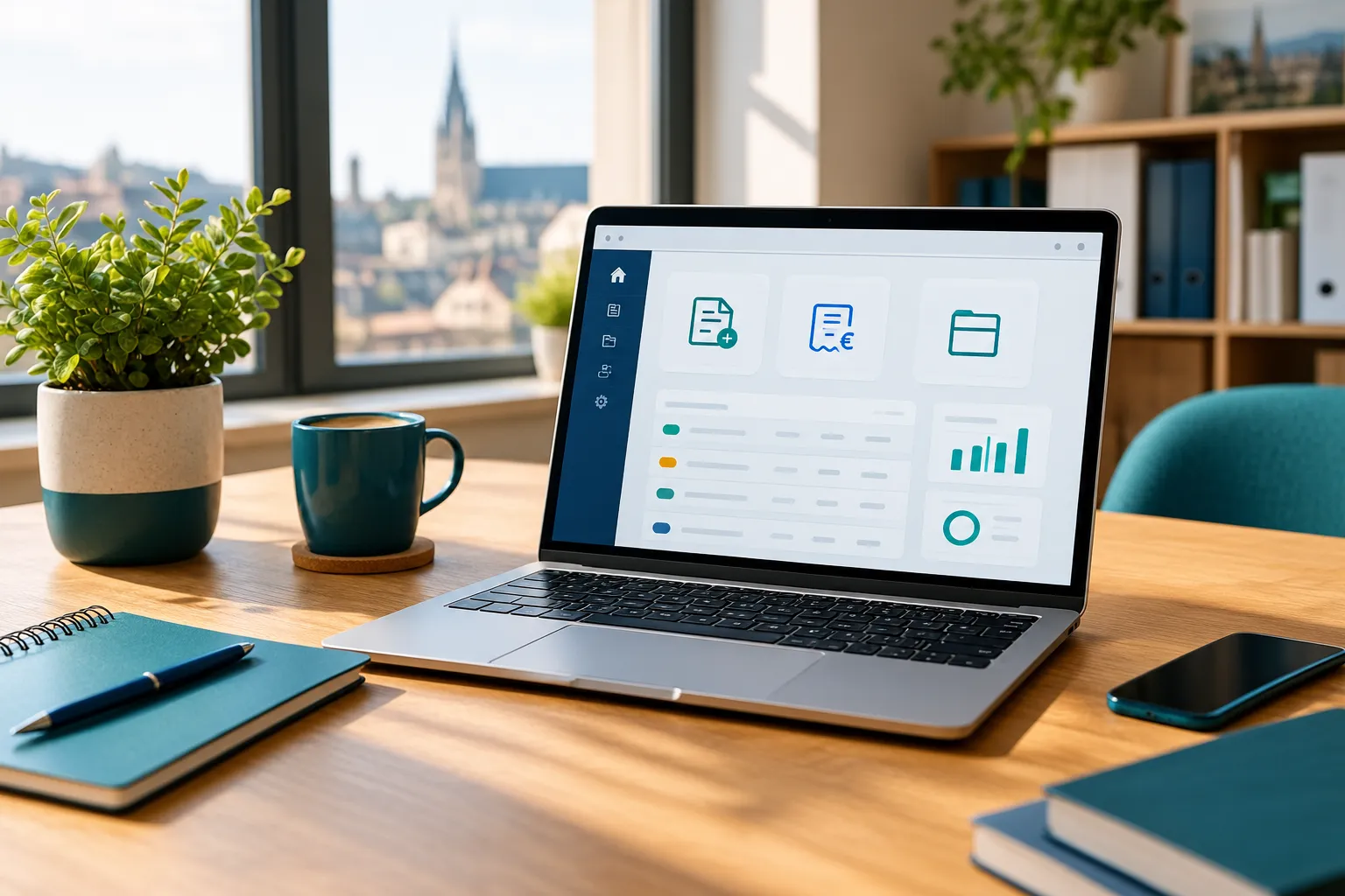 Laptop op een houten bureau met een facturatieprogramma open, een plant en een notitieboek