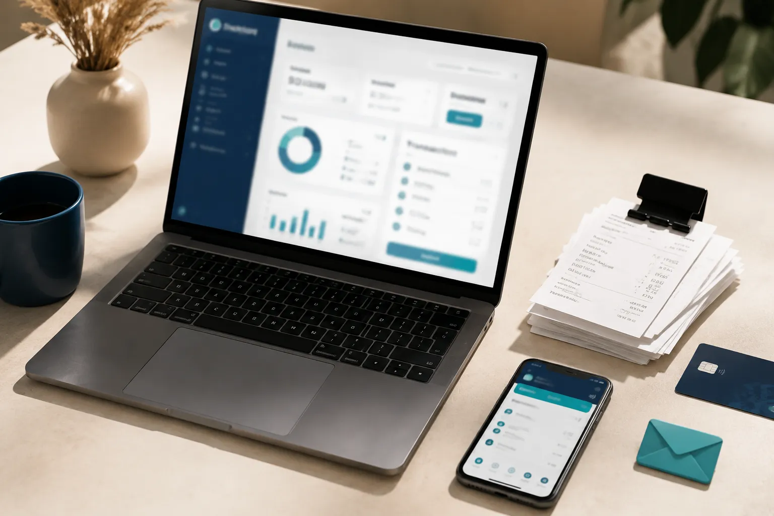 Bureau van bovenaf met een laptop met een factuurdashboard, een stapel bonnetjes, een bankkaart en een telefoon met een boekhoudapp