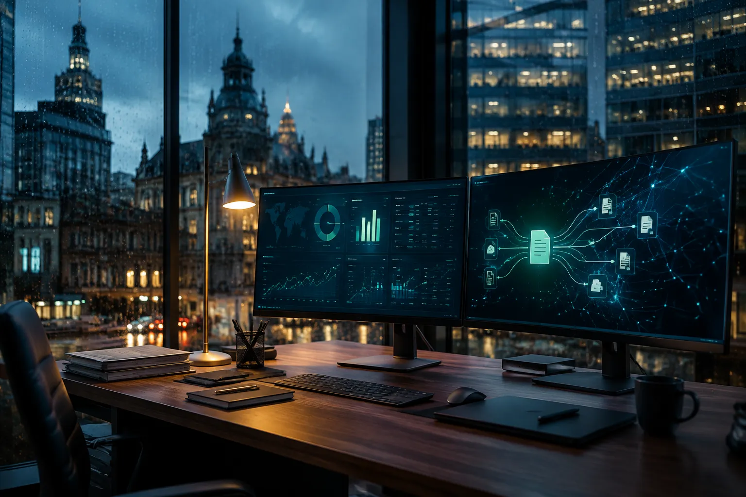() cinematic editorial hero: a sleek modern Belgian corporate treasury room at blue hour, two large curved monitors on a