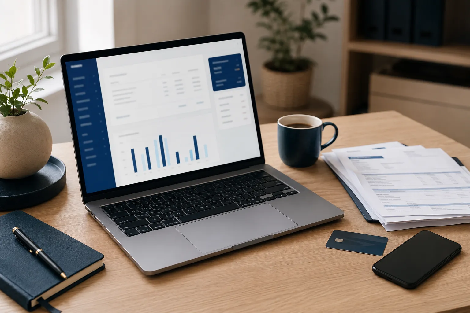 Landscape editorial hero image (), bright daylight studio aesthetic, no text anywhere: a clean Dutch home-office desk