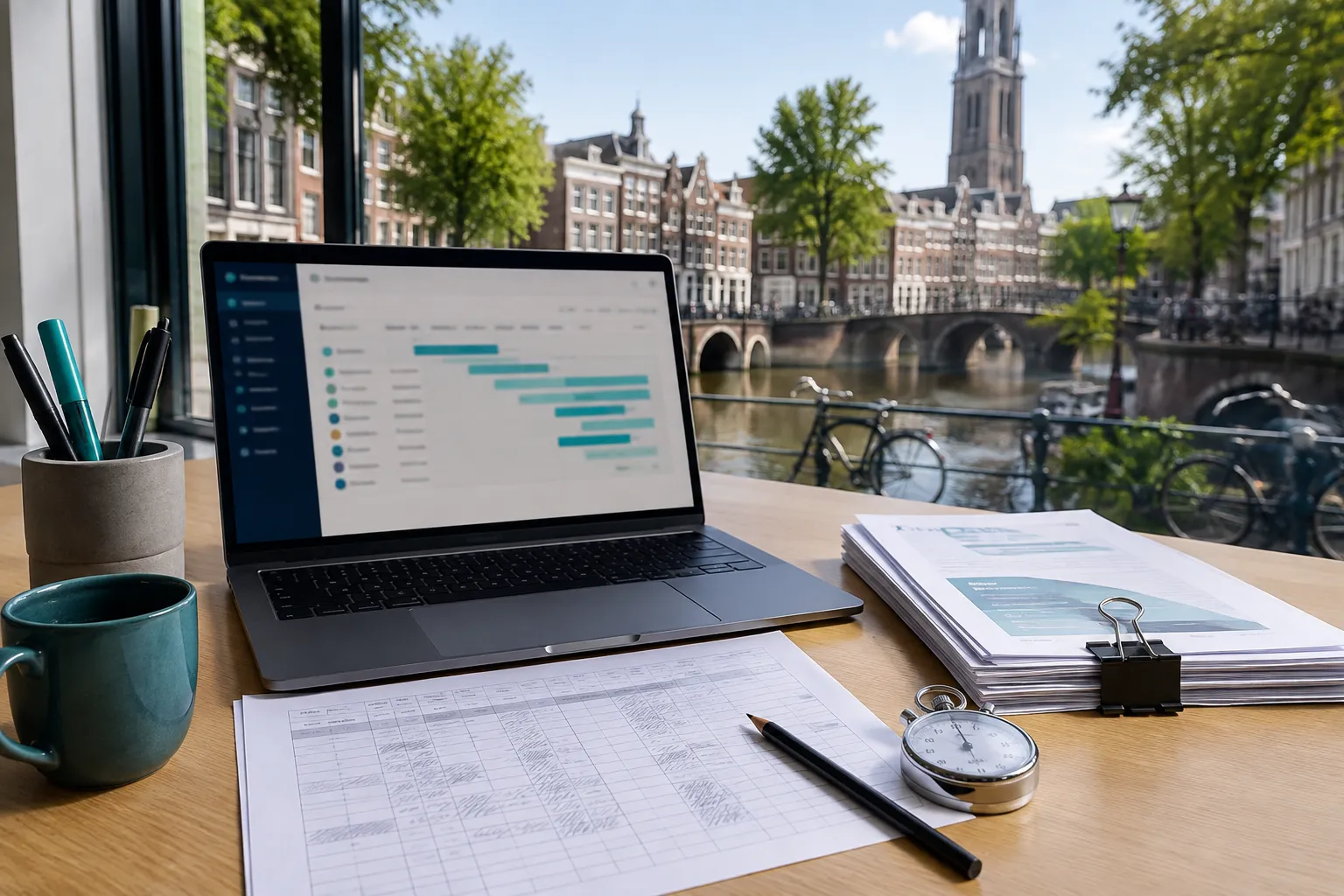 Landscape editorial hero (), bright natural daylight: a clean Utrecht canal-side office desk seen from a slight