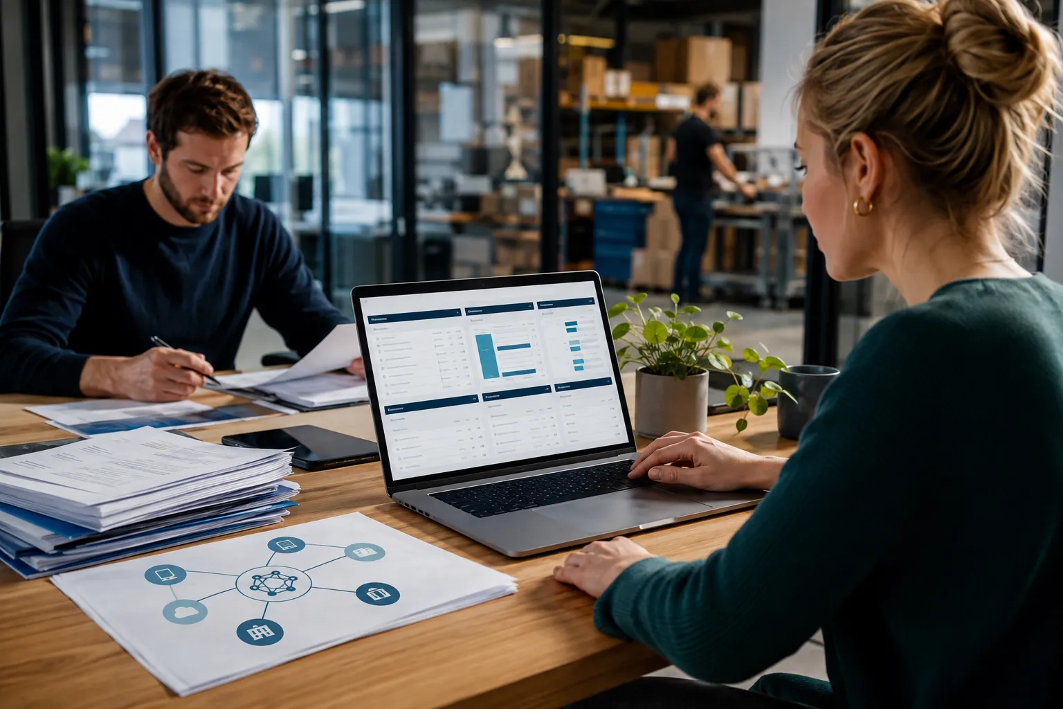 Twee collega’s werken samen achter laptops in een kantoor van een groeiend bedrijf