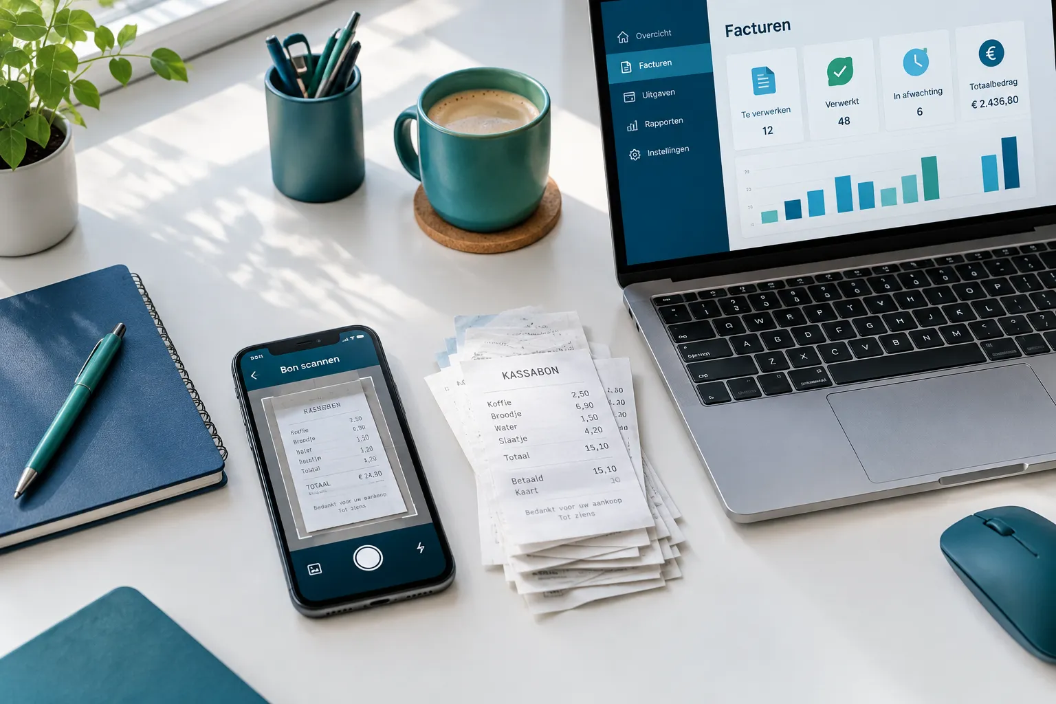 Bureau met een smartphone die een kassabon scant, een stapel bonnetjes en een laptop met een facturenoverzicht
