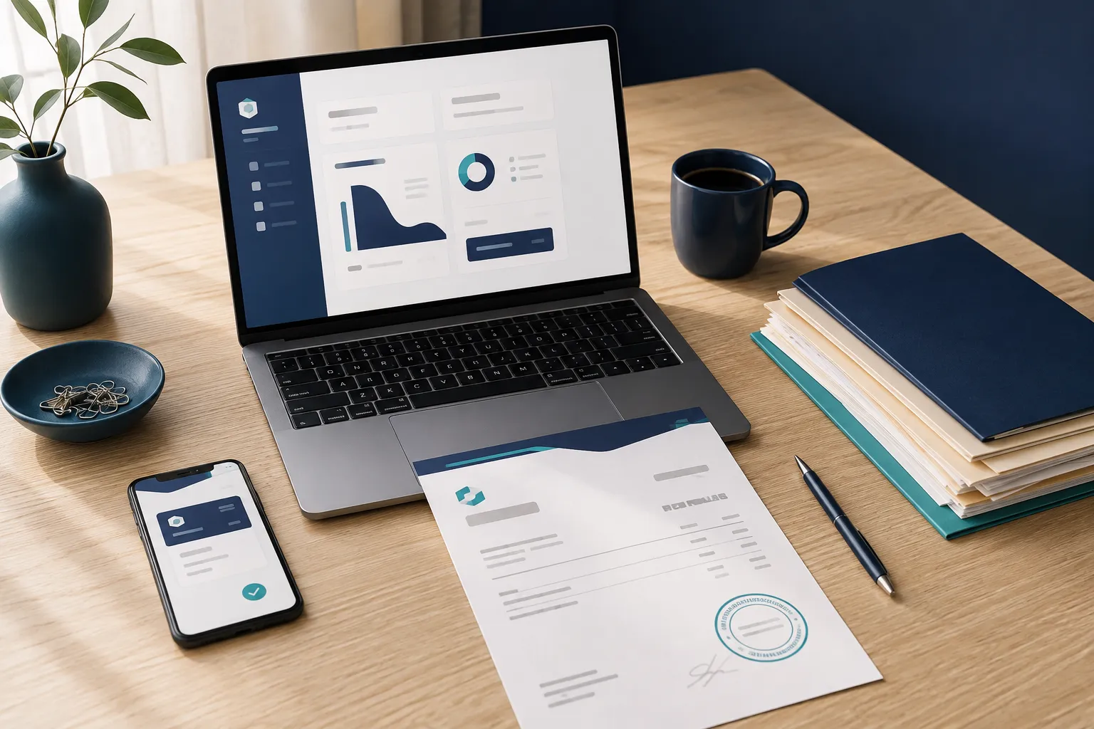 Bureau van een zelfstandige met een laptop met een facturatiescherm, een papieren factuur en een smartphone