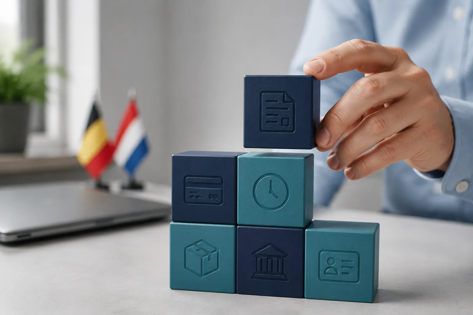 Bright editorial studio hero, landscape : a modular set of matte navy and teal building blocks arranged on a pale grey desk,