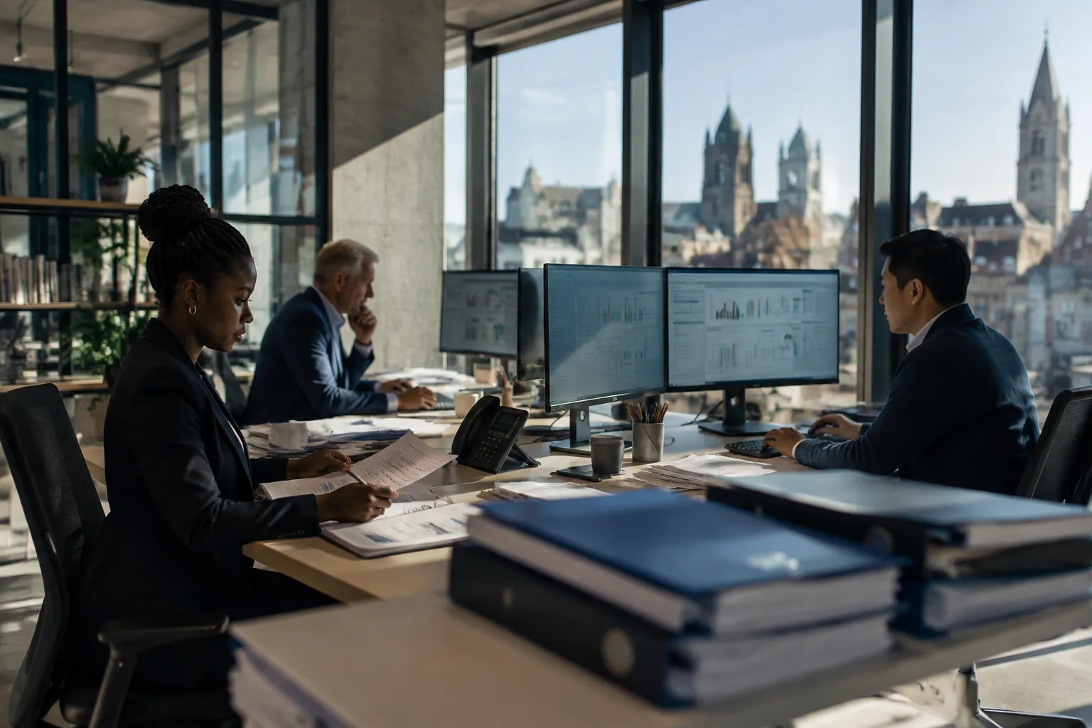 Landscape editorial hero image () of a modern Belgian accountancy firm office in Ghent at bright midday: a wide glass-walled