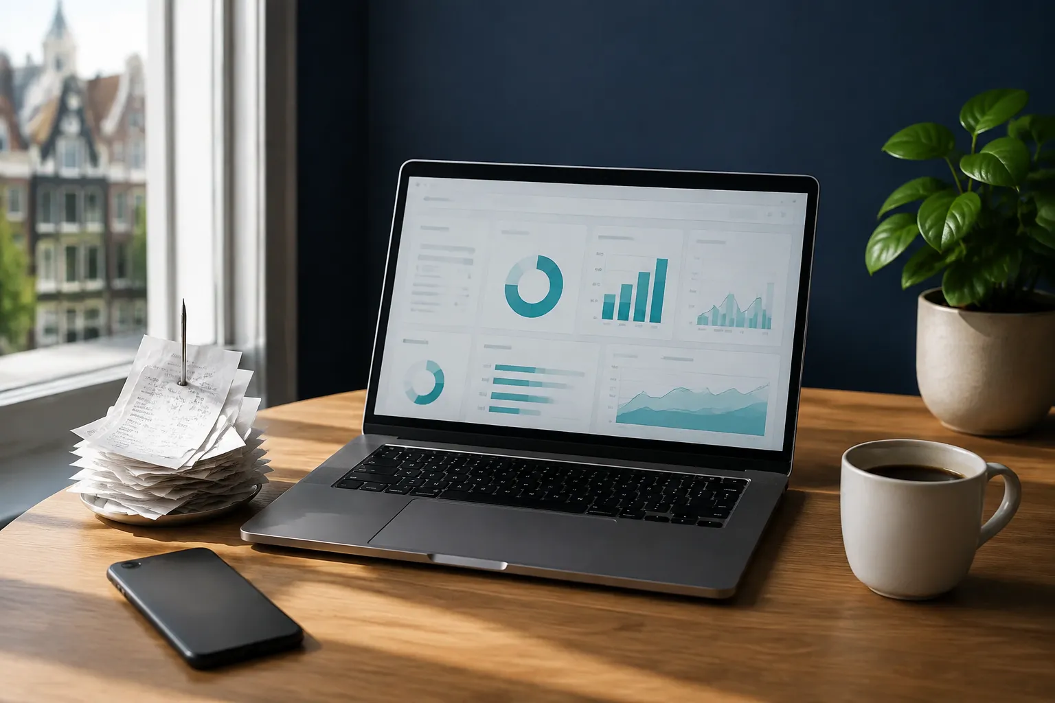 () editorial hero image, bright daylight studio aesthetic: a clean modern Dutch small-business desk seen from a slight