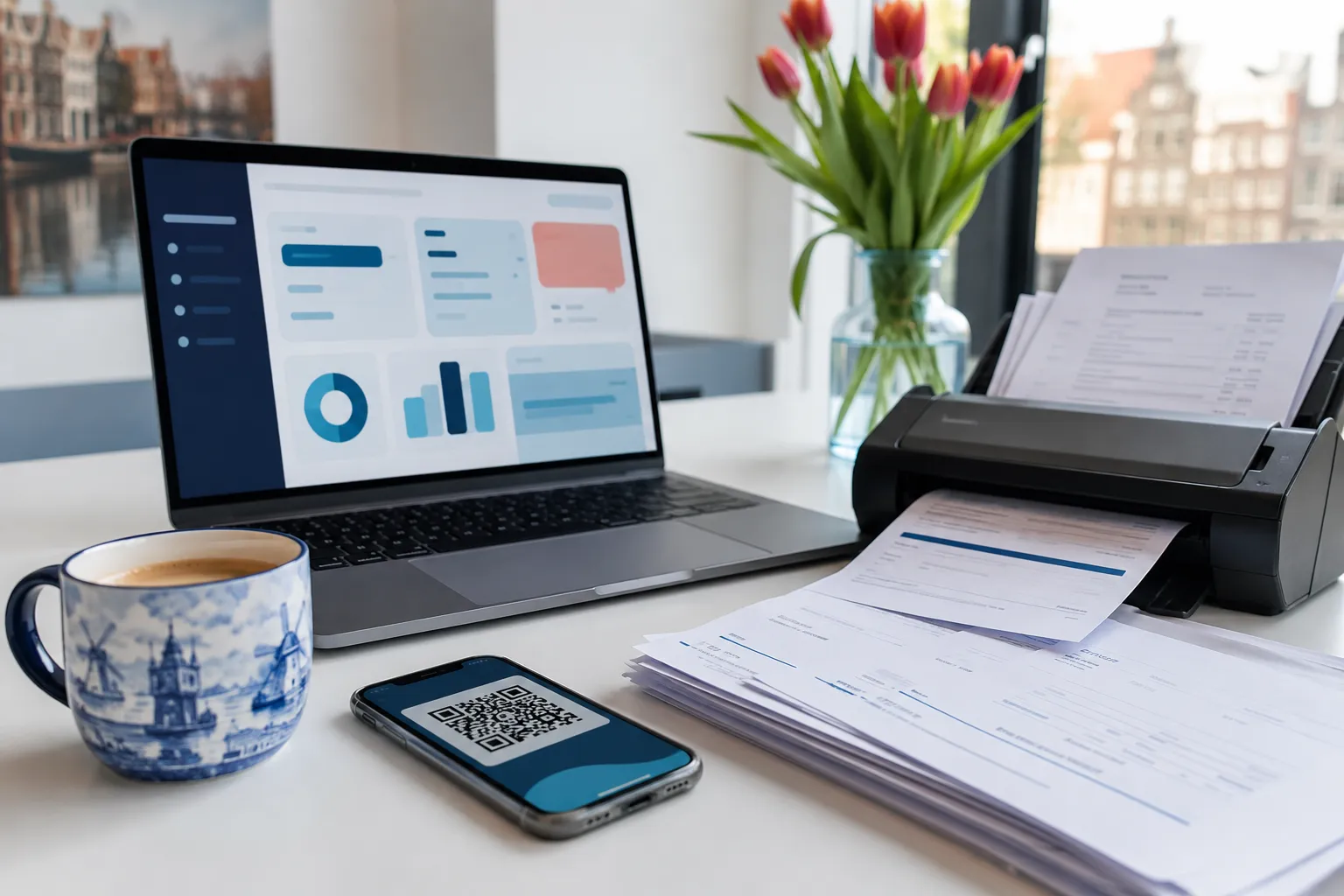 Bureau met een laptop met een factuurdashboard, papieren facturen in een scanner en een telefoon met een betaal-QR