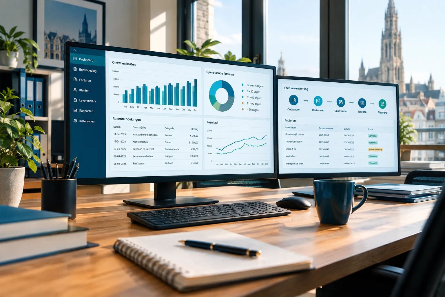 Twee schermen op een bureau met een boekhouddashboard en een overzicht van facturen in verwerking